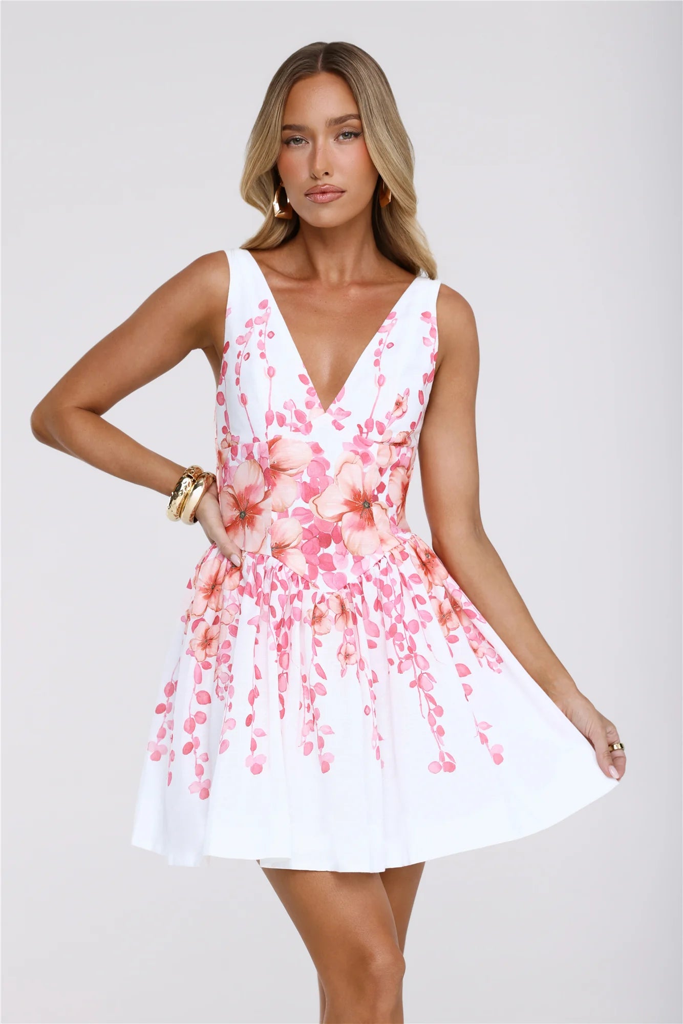 Floral V-Neck Tie Back Mini Dress White
