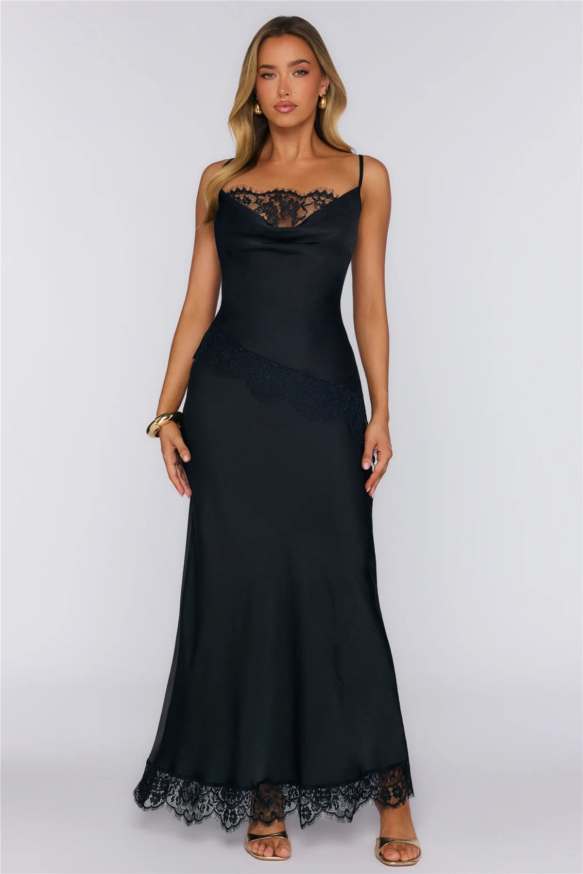 Charm Society Satin Lace Maxi Dress Black