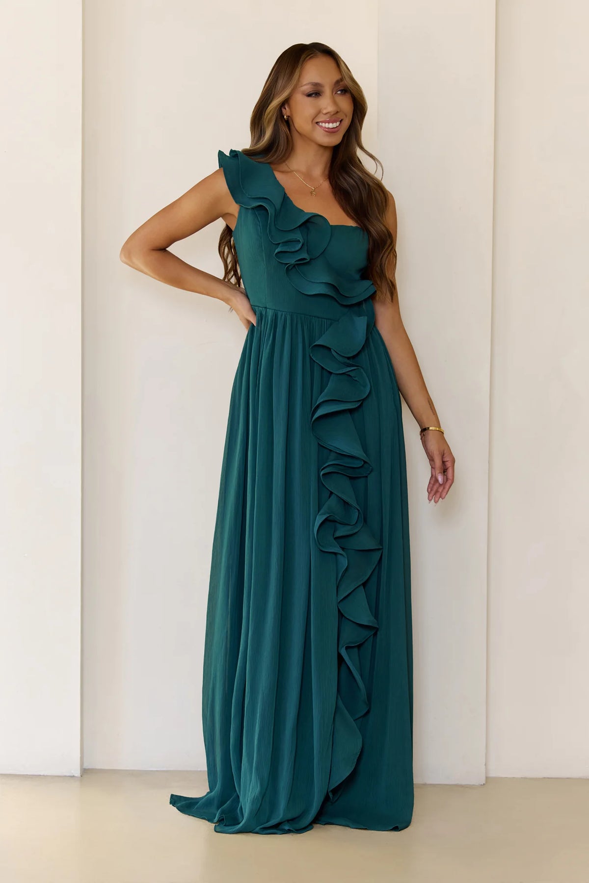 Elegant Frill One Shoulder Maxi Dress Green