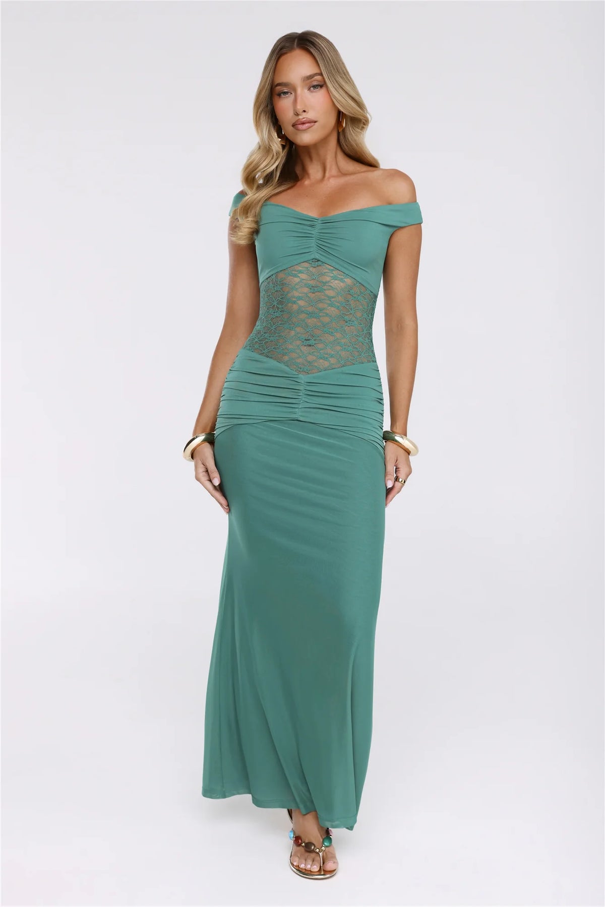 Grace Notes Off Shoulder Mesh Maxi Dress Teal