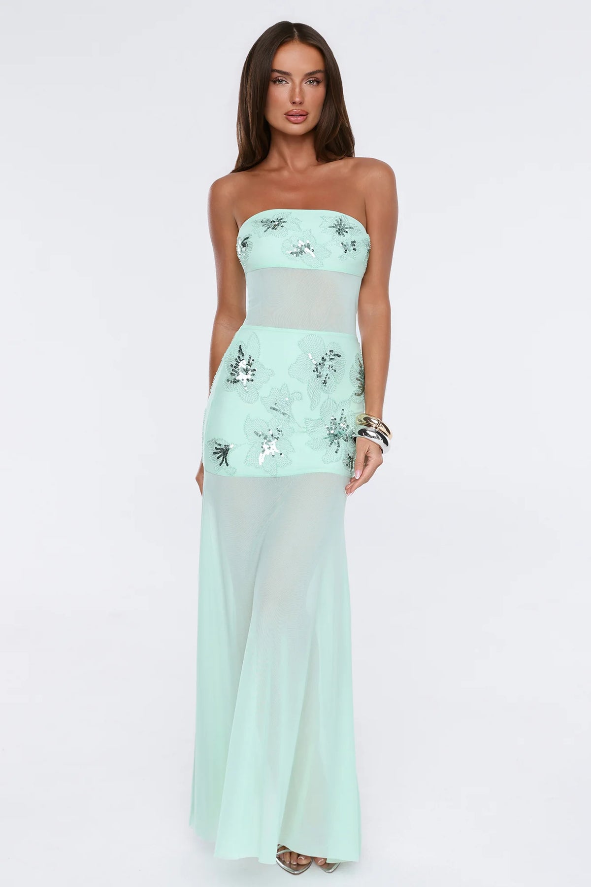 Cabaret Strapless Embellished Mesh Maxi Dress Sage
