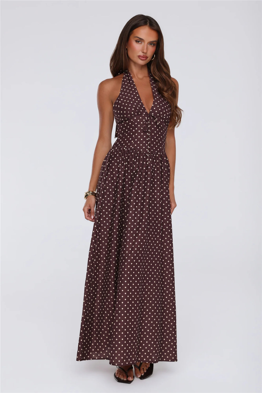 Yes To Polka Dots Halter Maxi Dress Brown