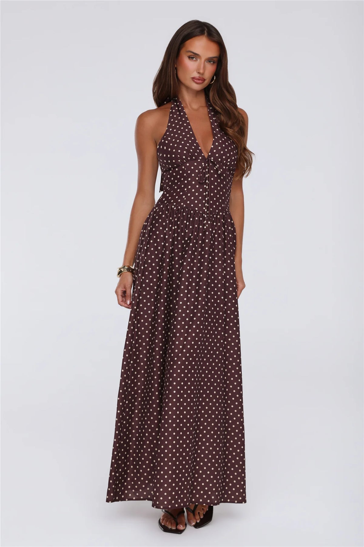 Yes To Polka Dots Halter Maxi Dress Brown