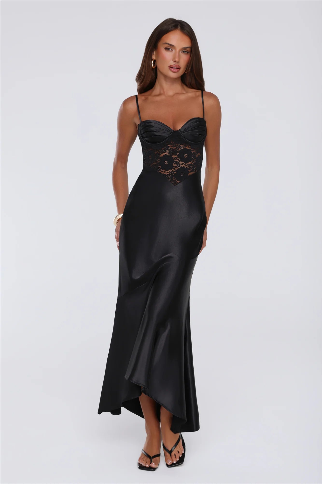 Sultry Horizon Satin Lace Maxi Dress Black