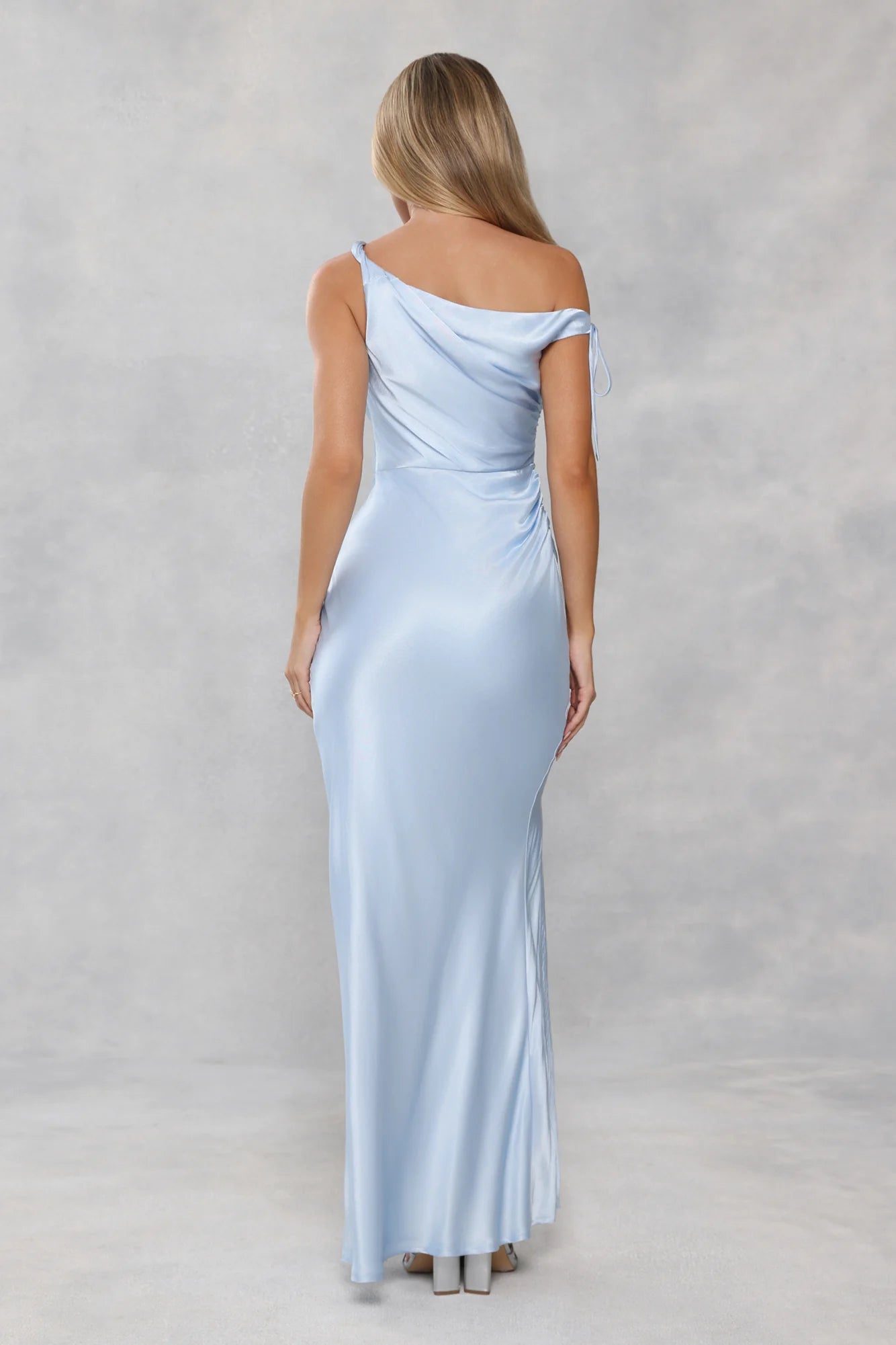 The Clover Off Shoulder Satin Maxi Dress Light Blue