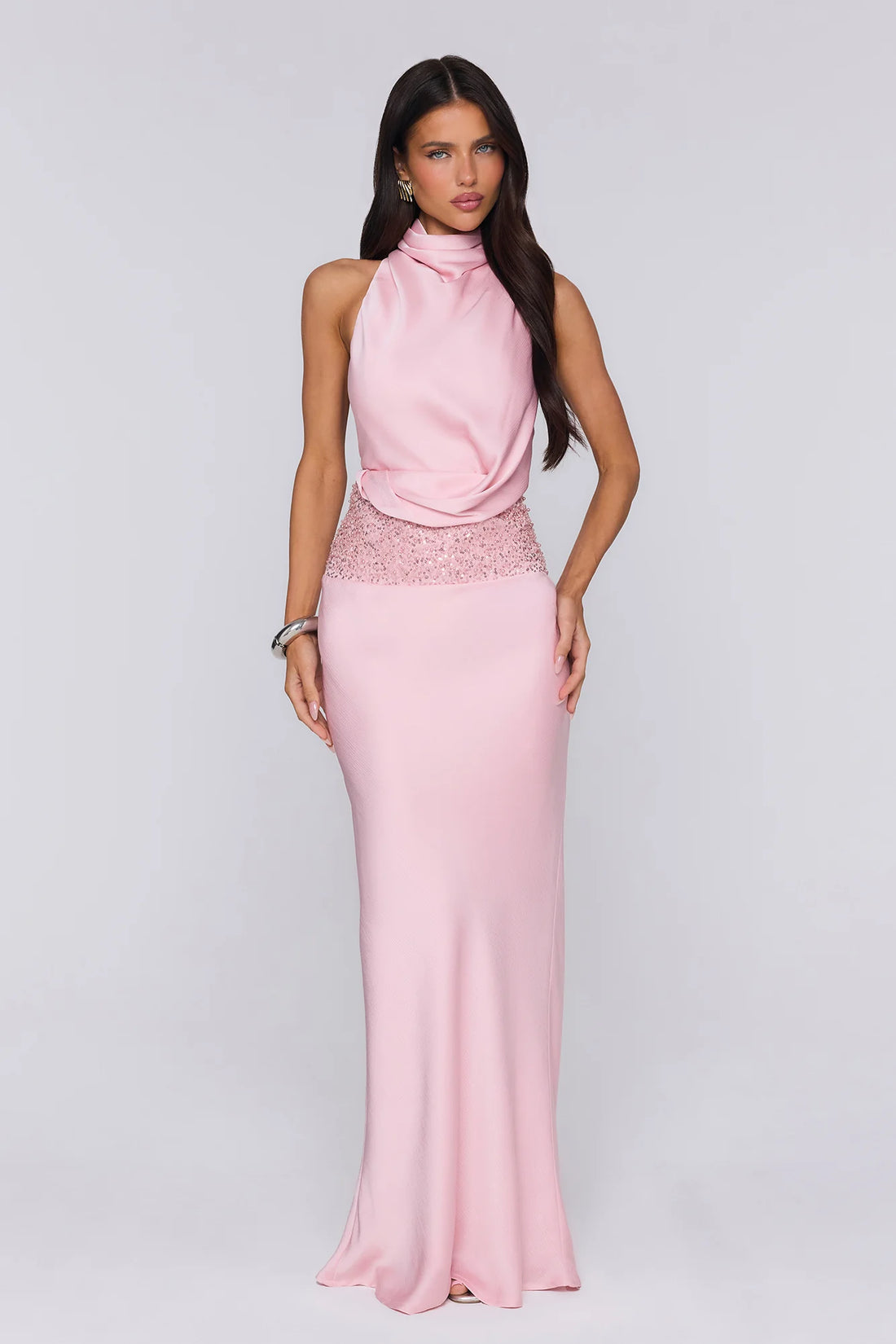 Gossip And Glitter Halter Satin Maxi Dress Blush