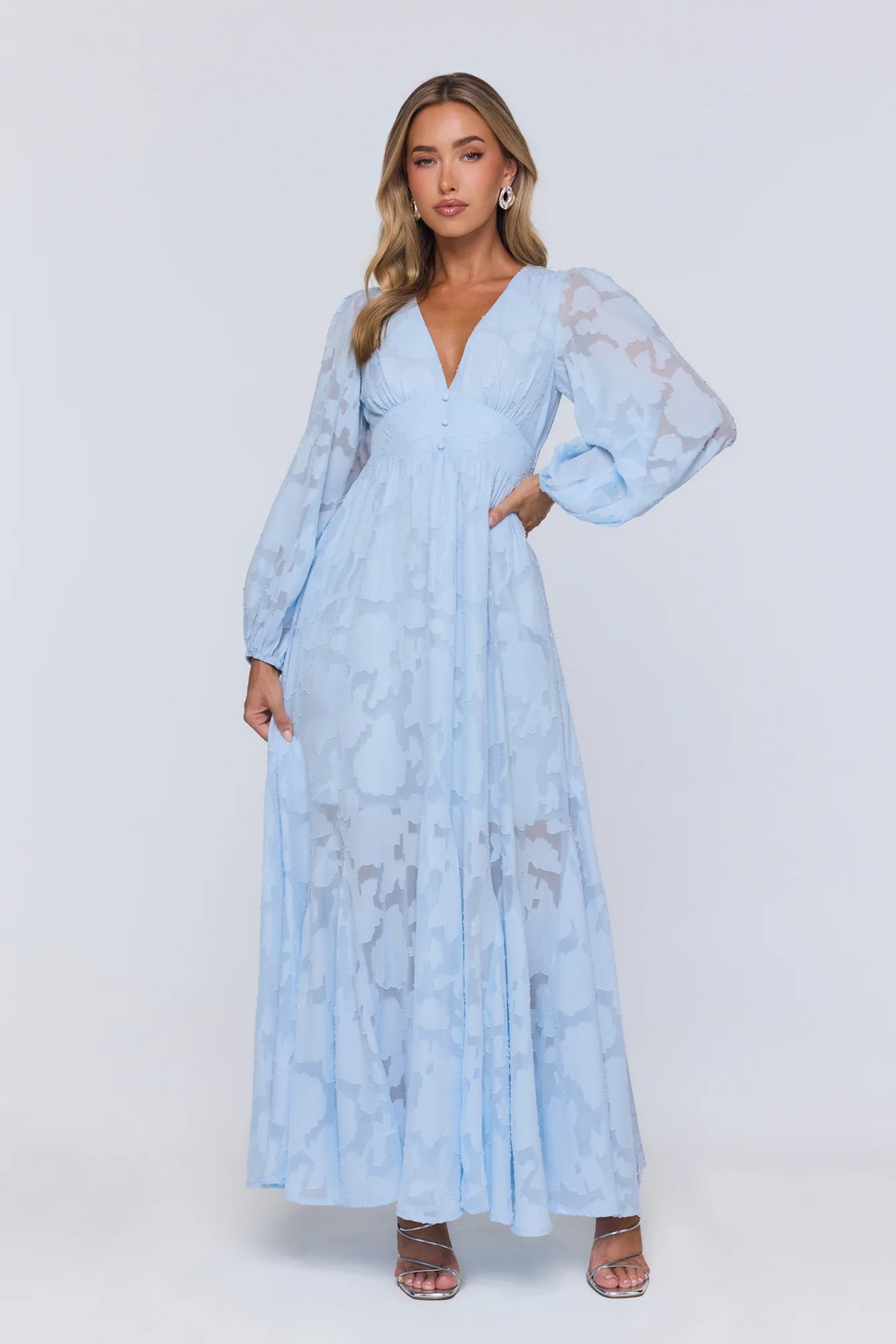 Glow Blossom Long Sleeve Maxi Dress Blue