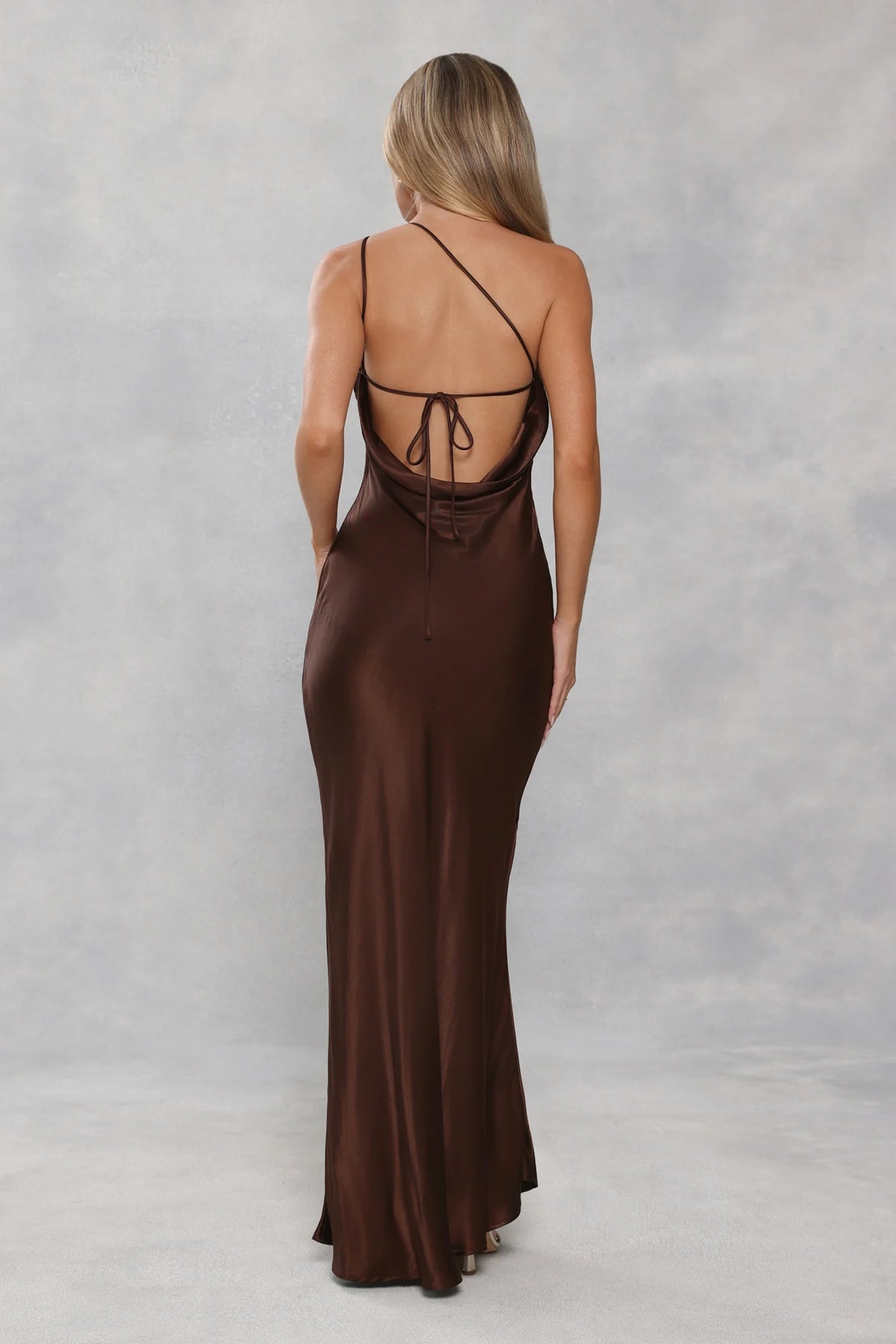 The Evangeline One Shoulder Satin Maxi Dress Chocolate Brown
