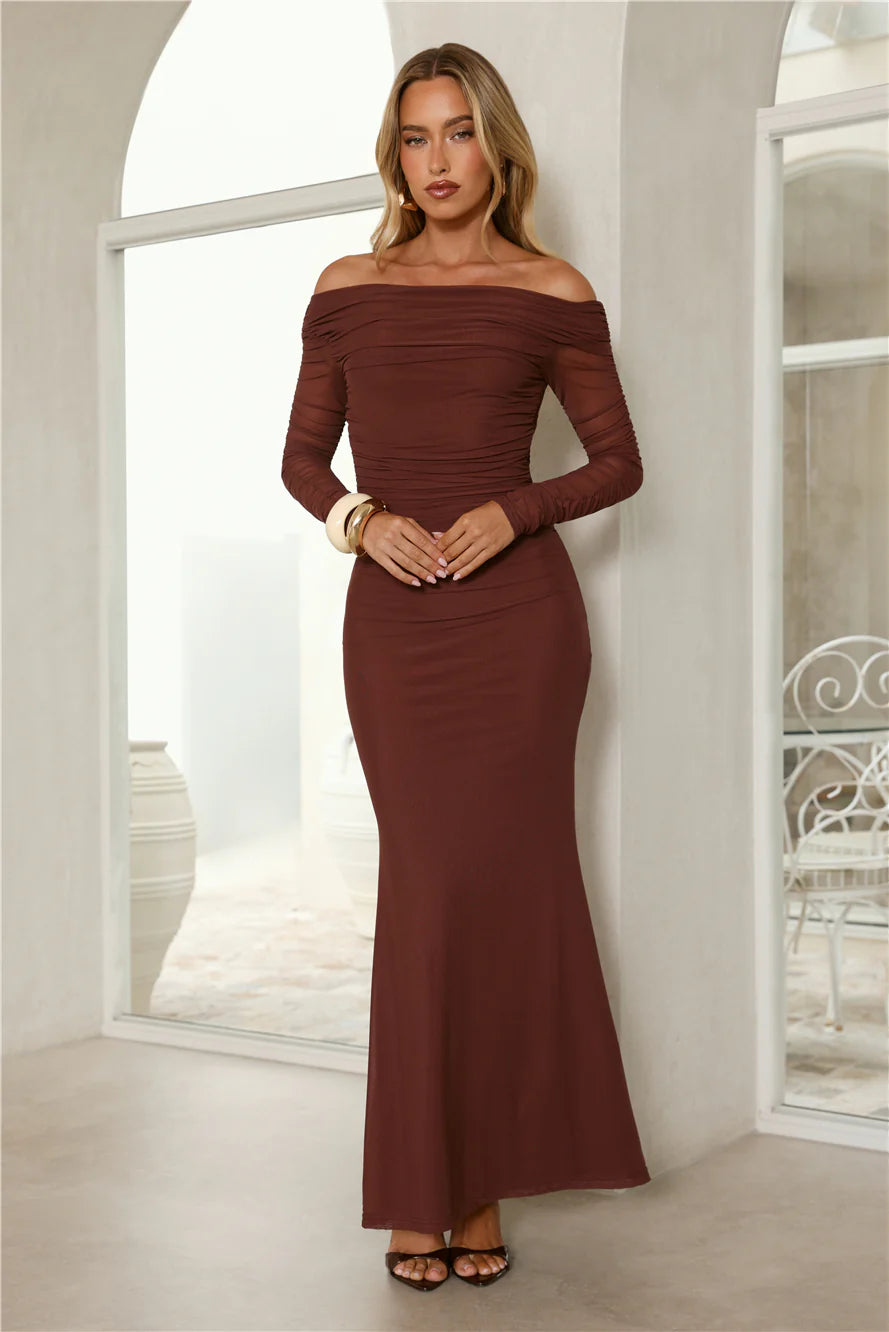 Glam Mesh Off-Shoulder Maxi Dress Rust