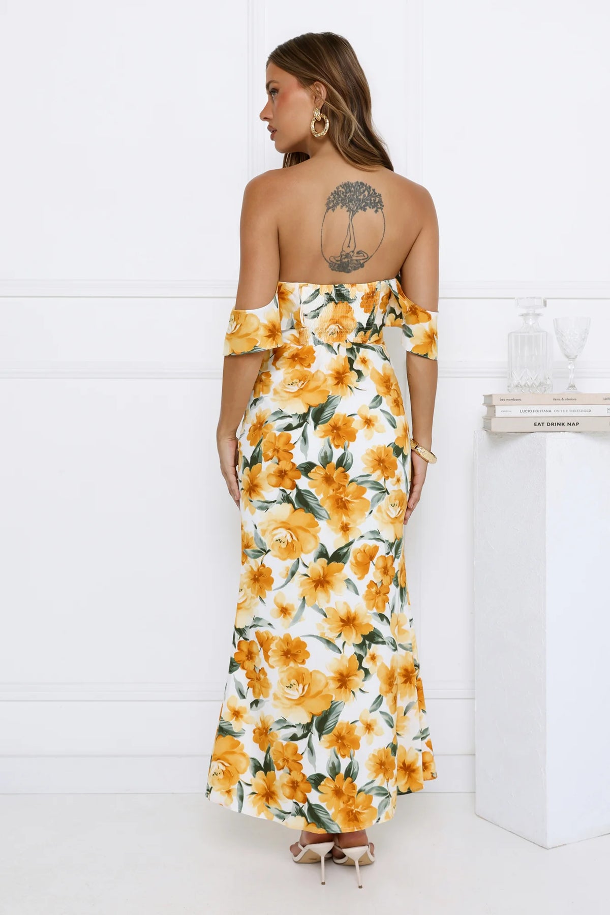Sunflowers Off Shoulder Midi Dress Yellow