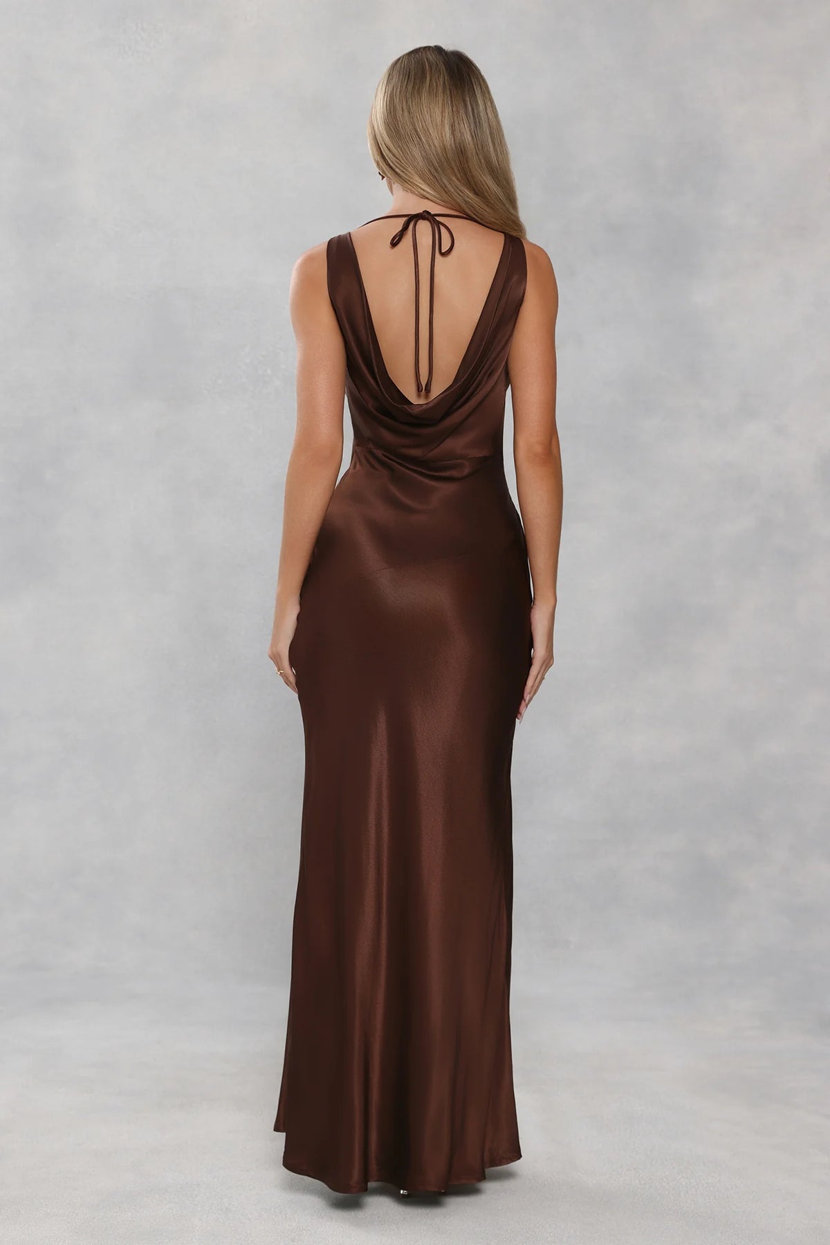 The Loretta Cowl Satin Maxi Dress Chocolate Brown