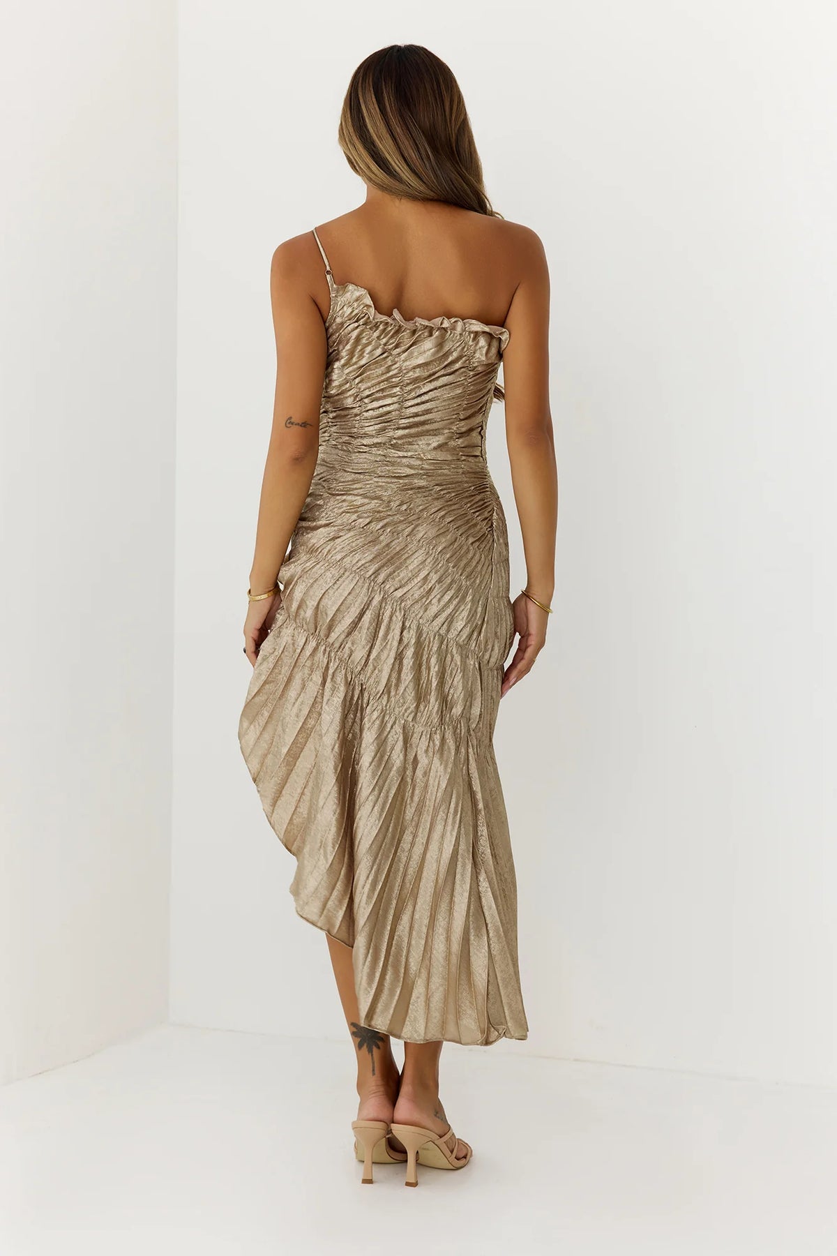 Golden Hour One Shoulder Ruched Midi Dress Gold