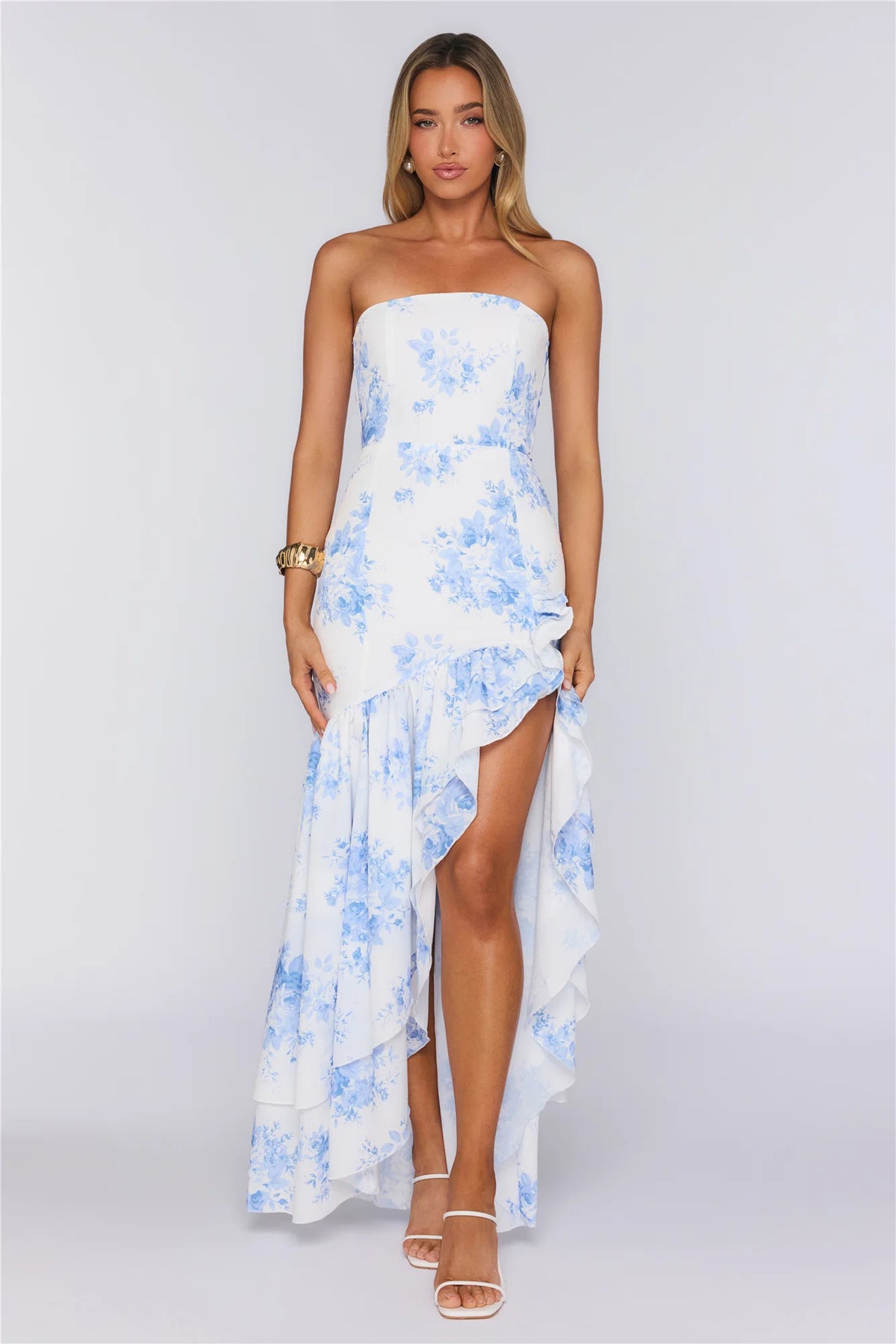 Floral Float Strapless Maxi Dress Blue