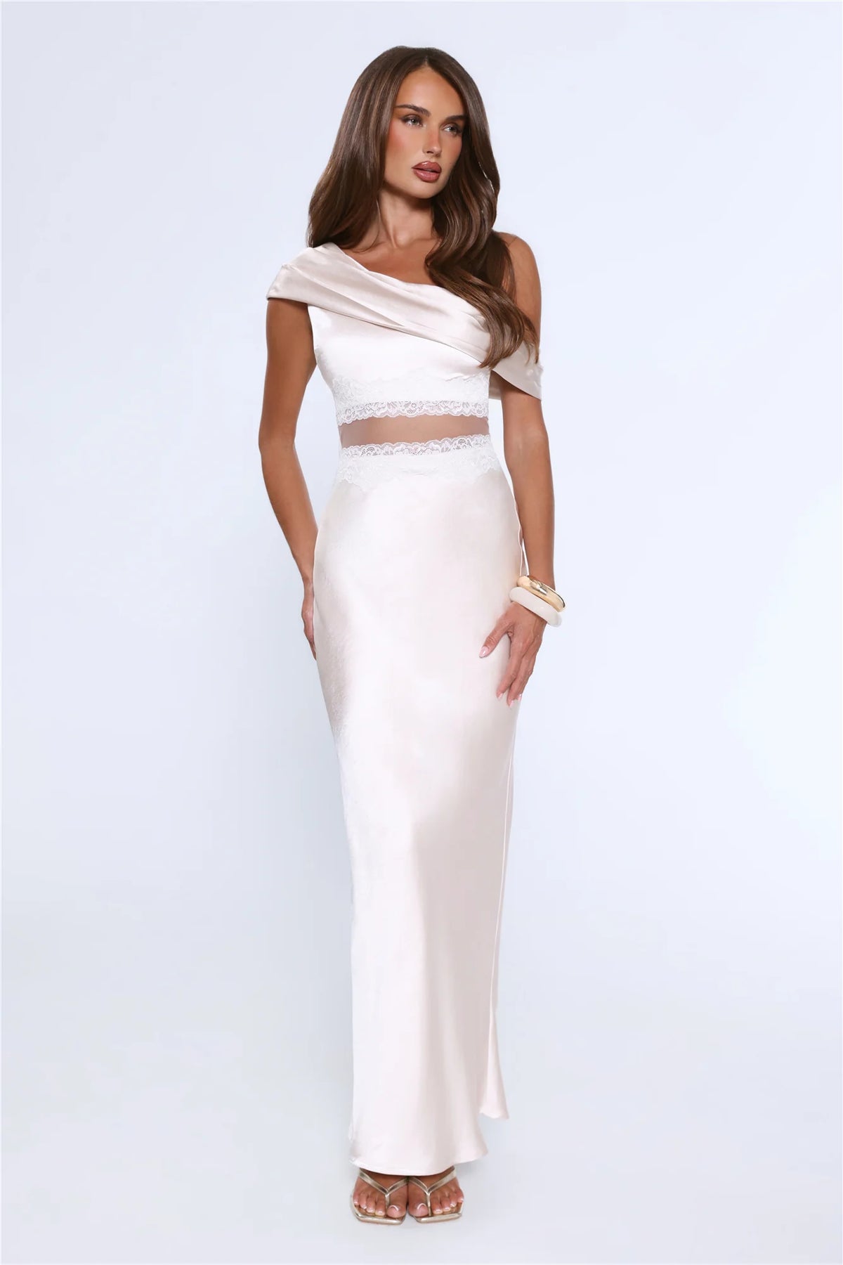 Under Candlelights Off Shoulder Satin Maxi Dress Champagne