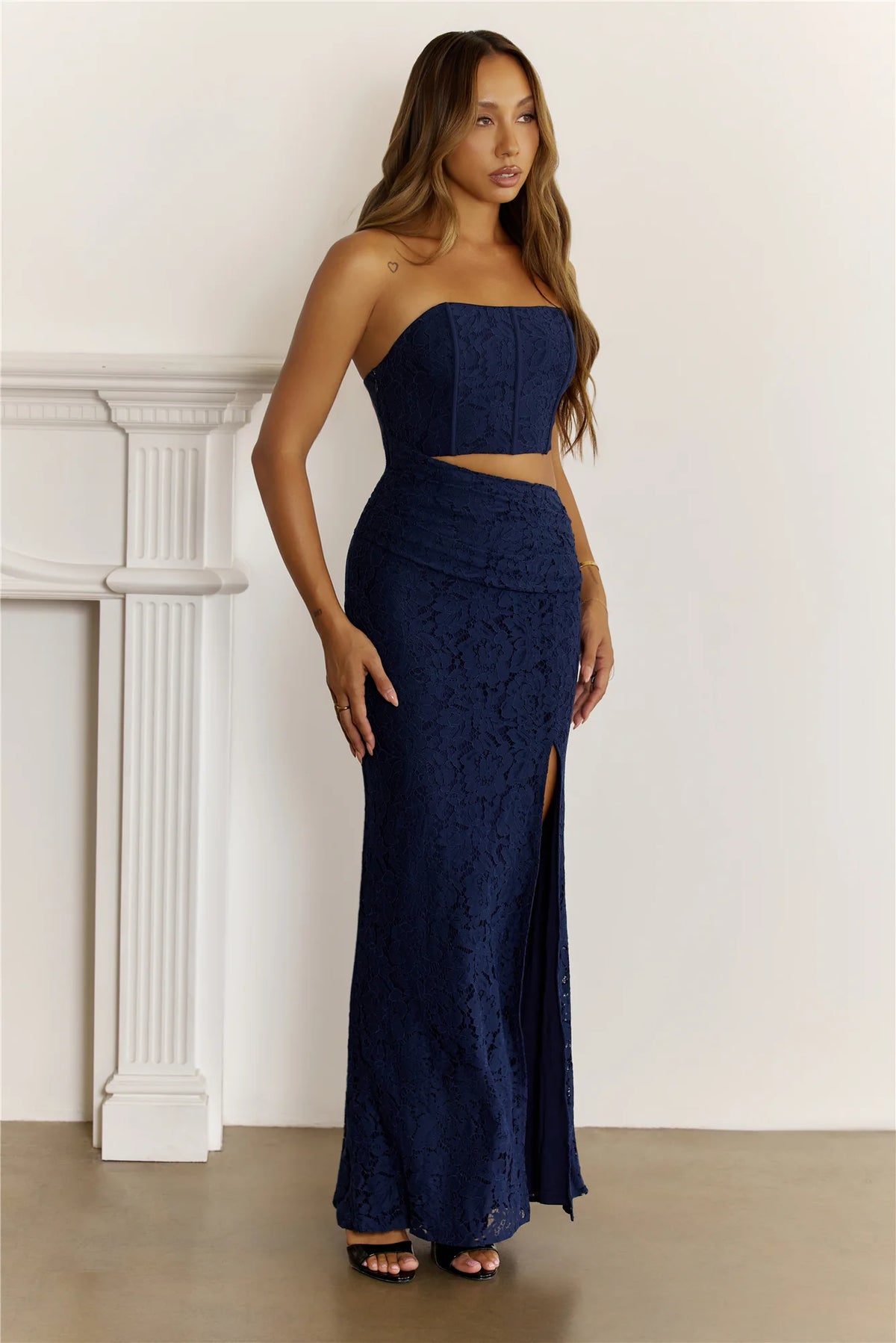 Dusky Luxe Lace Strapless Maxi Dress Navy